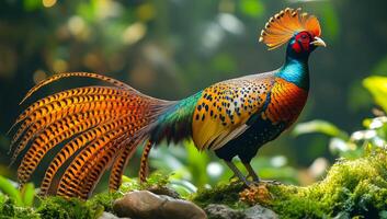 Colorful pheasant in a lush green habitat. A vibrant pheasant stands majestically on moss, showcasing its colorful feathers in a serene forest environment. photo