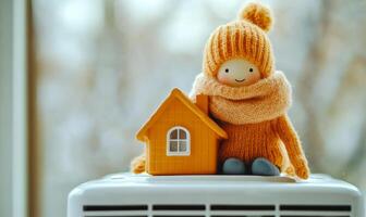 Cute doll with a house on a sunny window sill. A cheerful doll dressed in a warm sweater and hat sits beside a small house on a sunlit windowsill during winter. photo