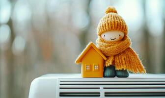 Cozy figure by yellow house decor. A small figure dressed warmly in a yellow hat and scarf stands next to a miniature yellow house on a surface. photo
