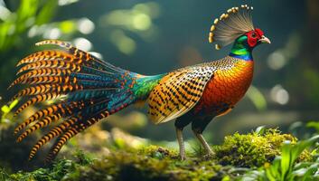 Colorful bird displaying vibrant plumage in nature. A striking bird with bright feathers stands on moss in a lush forest, showcasing its colorful plumage during daylight. photo