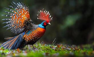 Colorful bird displays vibrant plumage in nature. A striking bird with elaborate feathers showcases its colors in a lush forest environment during daylight. photo