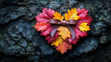 Bright autumn leaves arranged in a heart shape. Colorful autumn leaves form a heart shape against a textured dark background with a bow accent. photo