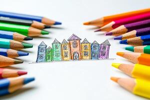 Drawing of colorful houses surrounded by crayons. Brightly colored crayons frame a hand-drawn sketch of charming houses, showcasing creativity and artistic expression. photo