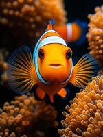 Colorful clownfish swimming among coral reefs. A vibrant clownfish explores a sea of orange coral, showcasing its bright colors in a tranquil underwater habitat. photo