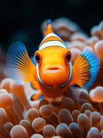 Colorful clownfish swimming among coral in ocean. Bright orange clownfish explores coral reefs, showcasing its vibrant colors and unique fins in crystal clear water. photo