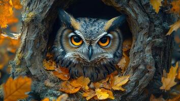Owl in tree hollow with autumn leaves. A majestic owl peers from its tree hollow, framed by vivid autumn leaves in a tranquil forest setting. photo