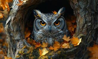 Owl in a tree with autumn leaves. An owl sits in a tree hollow, surrounded by vibrant orange and yellow autumn leaves, looking alert and serene. photo