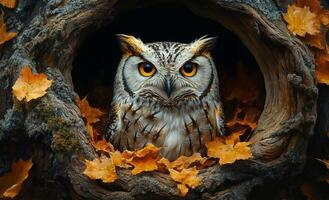 Owl perched in tree hollow with leaves. An owl rests inside a tree hollow, surrounded by vibrant autumn leaves, showcasing its striking gaze and feathers. photo