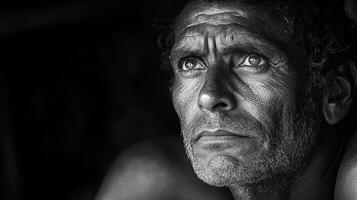 Reflective man with expressive features. A man gazes thoughtfully, his expressive face showing emotion and depth in a dimly lit environment. photo
