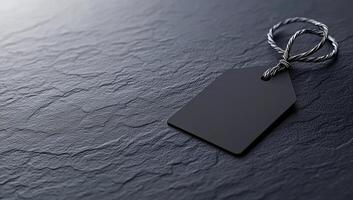 Simple black tag on textured surface for branding. A plain black tag rests on a dark textured surface, suitable for crafting, labeling, or branding purposes. photo
