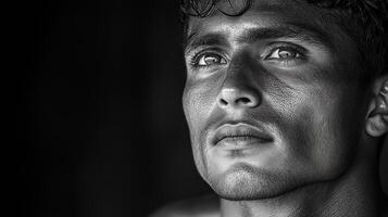 Thoughtful young man staring intently. A young man with striking features looks upwards, lost in deep thought. photo