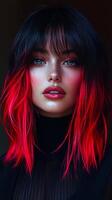 Vibrant-haired woman's stunning portrait. A woman with striking red and black hair showcases her unique style and features in dramatic lighting. photo