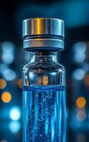 Close-up view of a blue vial with bubbles. A glass vial filled with blue liquid shows bubbles inside, illuminated by soft ambient light in the background. photo