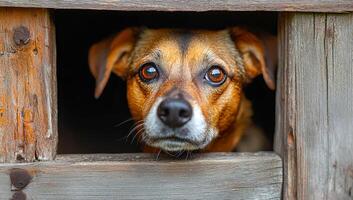 Dog curiously peers through fence. A brown dog with expressive eyes looks curiously through a gap in a weathered wooden fence, showing interest. photo