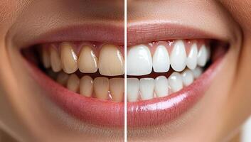 Comparison of a natural smile and a bright smile. Close-up view of two smiles showcasing teeth before and after whitening. Clear transformation highlights dental care. photo