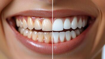Before and after teeth whitening transformation. A smiling person shows a clear contrast in teeth color, highlighting the results of a teeth whitening treatment. photo