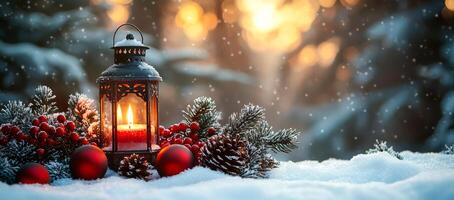 Lantern lights up snowy winter scene. A lantern glows softly in a snowy setting, surrounded by red ornaments and festive greenery as snowflakes fall. photo
