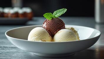 Chocolate and vanilla ice cream served with mint. Three scoops of chocolate and vanilla ice cream garnished with a fresh mint leaf are elegantly displayed in a bowl. photo