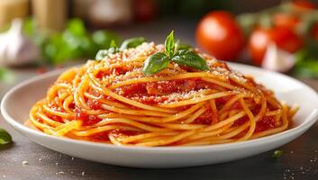 Delicious spaghetti with tomato sauce and basil. A plate of spaghetti topped with rich tomato sauce, fresh basil, and grated cheese, garnished with cherry tomatoes. photo