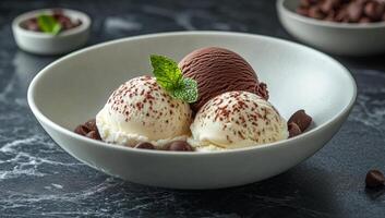 Delicious scoops of ice cream in a bowl with mint. Creamy vanilla and chocolate ice cream scoops are artfully presented in a bowl with chocolate chips and a mint leaf. photo