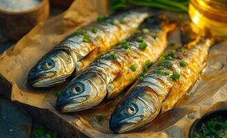 Grilled fish with green onions platter. Freshly grilled fish served on parchment with green onions and oil, showcasing a delicious meal preparation. photo