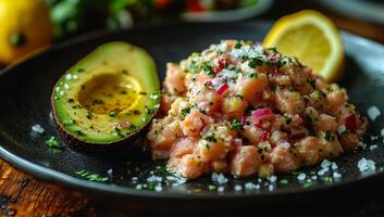 Fresh fish ceviche with avocado and lime wedges. Tender fish ceviche served with perfectly sliced avocado and fresh herbs, garnished with lemon and salt. photo