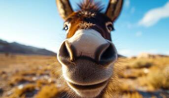 A donkey with a big nose is smiling at the camera. The scene is set in a dry, dusty field with a clear blue sky overhead photo