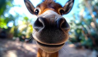 A close up of a donkey's nose with a bright blue sky in the background. The donkey's nose is slightly crooked and it is smiling photo