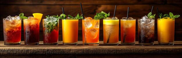 A row of drinks on a table, including a variety of juices and sodas. The drinks are lined up in a row, with some being closer to the front and others further back. The table is wooden photo