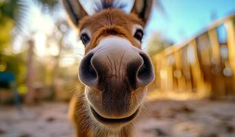A donkey with a big nose is looking at the camera. The image has a playful and lighthearted mood, as the donkey appears to be smiling and looking directly at the viewer photo