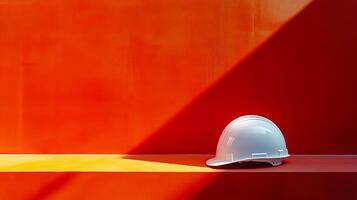 A white hard hat is sitting on a red wall. The hat is placed on a ledge, and the wall is painted in a bright orange color. Concept of safety and caution photo