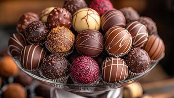 A glass bowl filled with a variety of chocolate truffles. The truffles are of different colors and sizes, and they are arranged in a visually appealing manner. The bowl is placed on a table photo