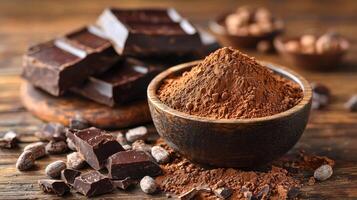 A bowl of chocolate powder is on a wooden table with a few pieces of chocolate. Scene is warm and inviting, as the chocolate is a popular treat that many people enjoy photo