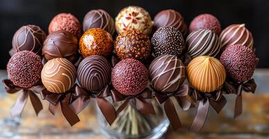 A bunch of chocolate covered doughnuts are arranged in a vase. The doughnuts are of different sizes and shapes, and they are all covered in chocolate. The vase is placed on a wooden table photo