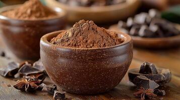 A bowl of chocolate powder sits on a wooden table next to a bowl of chocolate chips. Concept of indulgence and comfort, as the chocolate is a popular treat for many people photo