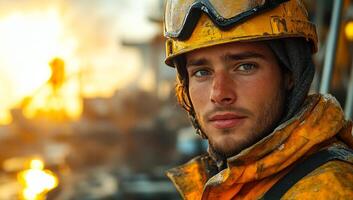 A man in a yellow jacket and goggles is standing in front of a building. He has a serious expression on his face photo