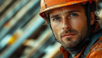 A man wearing an orange helmet and safety gear. He has a serious look on his face. Concept of caution and responsibility photo