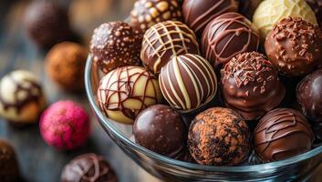 A bowl of assorted chocolates with different colors and designs. The bowl is placed on a wooden table photo