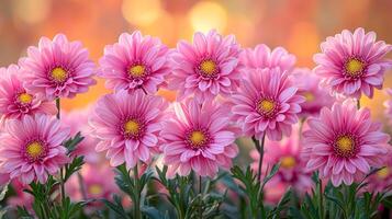 A field of pink flowers with yellow centers. The flowers are in full bloom and are arranged in a row. Concept of beauty and tranquility, as the flowers are a symbol of love and happiness photo