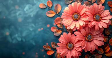A bouquet of pink flowers is arranged on a blue background. The flowers are in full bloom and are the focal point of the image. The blue background provides a calming and serene atmosphere photo