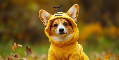 A dog is wearing a yellow costume and is standing in a field of leaves. The dog appears to be happy and playful, as it is wearing a bee costume photo