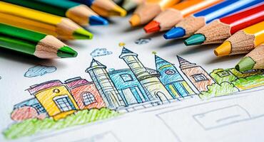 A drawing of a cityscape with buildings and trees. The drawing is colorful and lively, with a sense of creativity and imagination. The use of different colors photo