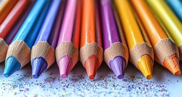 A row of colored pencils with a white background. The pencils are arranged in a line, with the colors ranging from purple to yellow. Concept of creativity and artistic expression photo