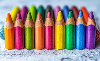 A row of colored pencils are lined up on a white surface. The pencils are of different colors and sizes, creating a vibrant and playful scene. Concept of creativity and imagination photo