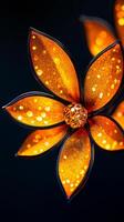A close up of a flower with a shiny, glittery surface. The flower is orange and black, and it is a fake flower. The image has a dreamy, ethereal quality to it photo