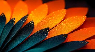 A colorful feather with a mix of orange and blue colors. The feather is covered in glitter, giving it a shiny and eye-catching appearance. The combination of colors photo