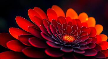 A close up of a red flower with a yellow center. The flower is very detailed and has a lot of texture. The colors are vibrant and the flower looks like it is glowing. Scene is warm and inviting photo