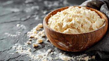 A bowl of flour sits on a counter with a pile of flour on the ground. The bowl is wooden and filled with flour photo