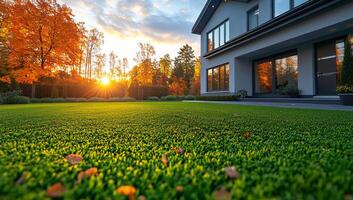 A house with a large lawn and a tree in the background. The lawn is green and the leaves are yellow photo