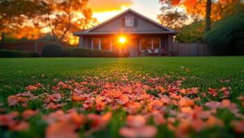 A beautiful house with a large sun shining on it, casting a warm glow on the surrounding grass. The grass is covered in a layer of fallen leaves, creating a picturesque scene photo